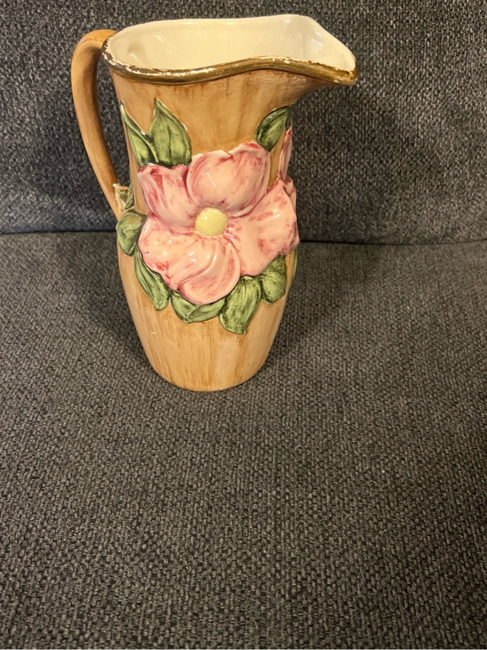 Hand-Painted Ceramic Pitcher Vase in Pink Floral Design
